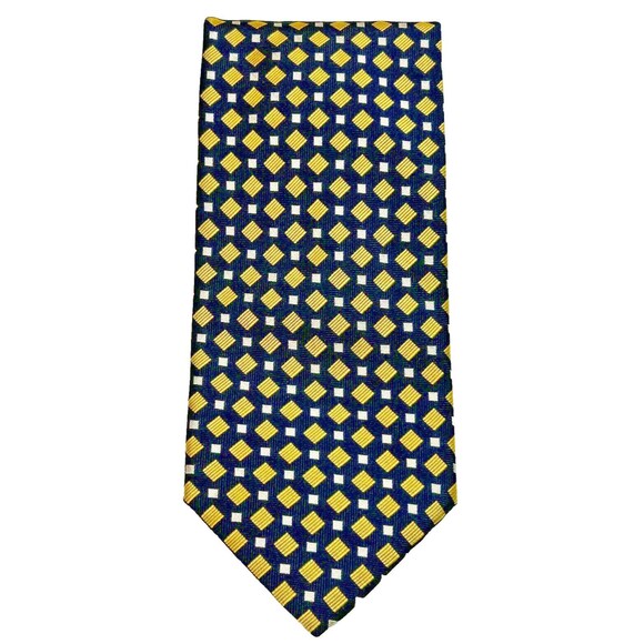 Equestrian Firenre Necktie Tie 100% Silk Made in Italy Texture Navy Yellow White - Picture 2 of 8
